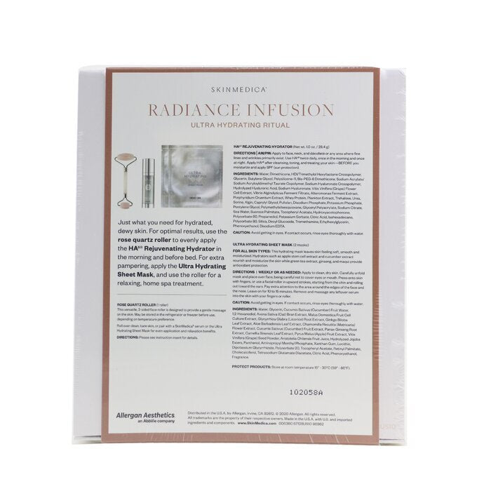 Skin Medica Radiance Infusion Ultra Hydrating Ritual Set: HA Rejuvenating Hydrator 28,4 g + Ultra Hydrating Sheet-Maske 2 Stk. + Rosenquarz-Roller 4 Stk.