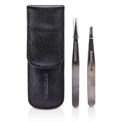 Tweezerman Petite Tweeze Set: Slant Tweezer + Point Tweezer - (With Black Leather Case) 2pcs