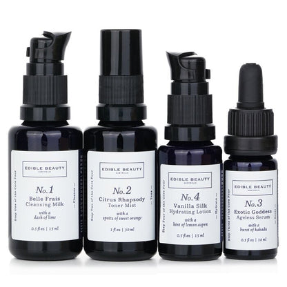 &amp; Edible Beauty On The Fly Travel Mini Kit: Reinigungsmilch 15 ml + Toner Mist 30 ml + Ageless Serum 10 ml + Feuchtigkeitslotion 15 ml, 4-tlg.