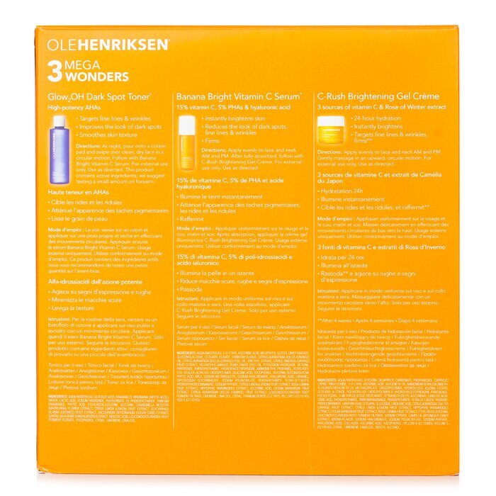 Ole Henriksen 3 Mega Wonders Set: Banana Bright Vitamin C Serum 15 ml + Glow2OH Dark Spot Toner 190 ml + C-Rush Brightening Gel Crème 35 ml 3-tlg.