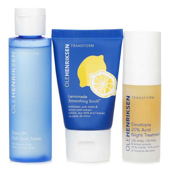 Ole Henriksen Acids Done Bright Set: Lemonade Smoothing Scrub 30 g + Glow2OH Dark Spot Toner 65 ml + Dewtopia 20 % Acid Night Treatment 15 ml, 3-tlg.