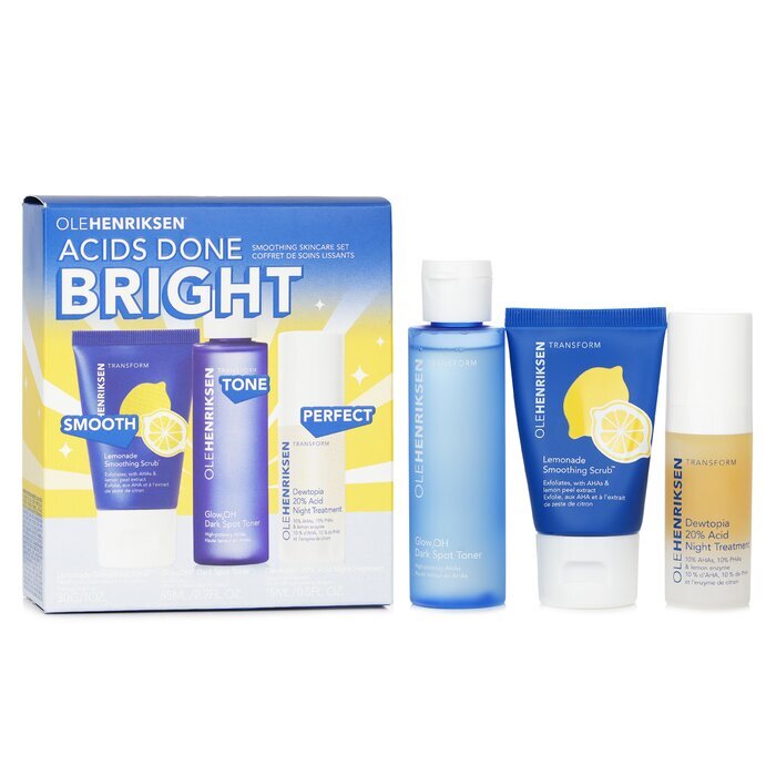Ole Henriksen Acids Done Bright Set: Lemonade Smoothing Scrub 30 g + Glow2OH Dark Spot Toner 65 ml + Dewtopia 20 % Acid Night Treatment 15 ml, 3-tlg.