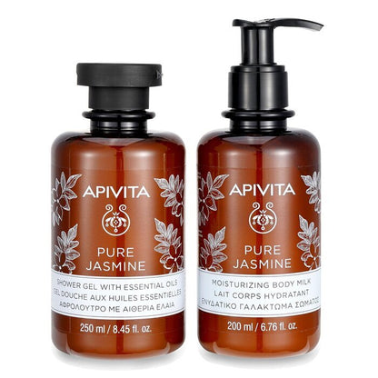 Apivita Relaxing Treats Euphoria &amp; Softness Set: Pure Jasmine Duschgel 250ml + Pure Jasmine Feuchtigkeitsspendende Körpermilch 200ml 2Stk