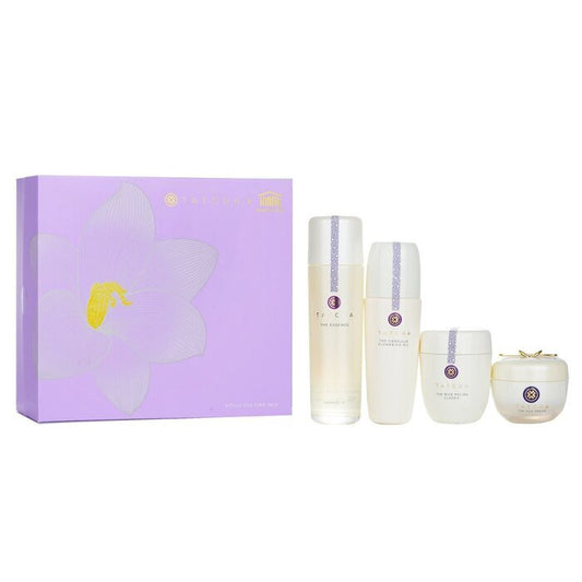 Tatcha Ritual für straffe Haut, Set: Kamelien-Reinigungsöl 150 ml + Essenz 150 ml + Seidencreme 50 ml + Reispolitur 60 g, 4-tlg.