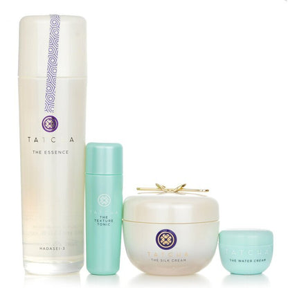 Tatcha Essence-Paket: The Essence Plumping Skin Softener 150 ml + The Silk Cream 50 ml + Water Cream 5 ml + Texture Tonic 25 ml, 4 Stück