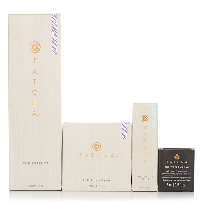 Tatcha Essence-Paket: The Essence Plumping Skin Softener 150 ml + The Silk Cream 50 ml + Water Cream 5 ml + Texture Tonic 25 ml, 4 Stück