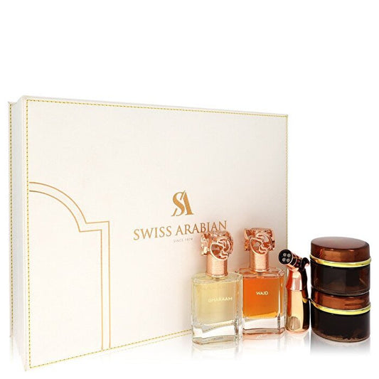 Swiss Arabian Swiss Arabian Bakhoor Dukhoon Al Haram Geschenkset – Geschenkset enthält Eau de Parfum in Wajd &amp; Gharaam + 2 x 60 Gramm Weihrauch in Dukhoon Al Haram &amp; Oud Muattar Mumtaz