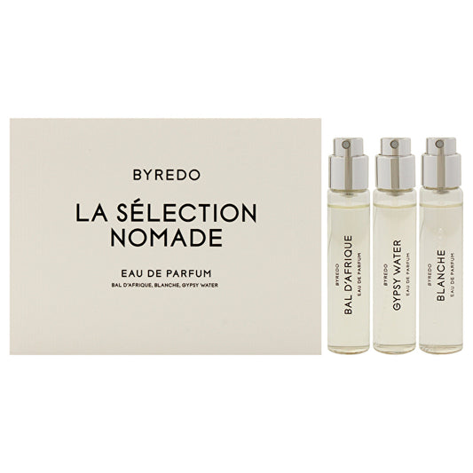 Byredo La Selection Nomade Set für Unisex – 3-teiliges Mini-Geschenkset 12 ml/0,4 Unzen Bal D Afrique Eau De Parfum Spray 12 ml/0,4 Unzen Blanche Eau De Parfum Spray 12 ml/0,4 Unzen Gypsy Eau De Parfum Spray 12 ml/0,4 Unzen